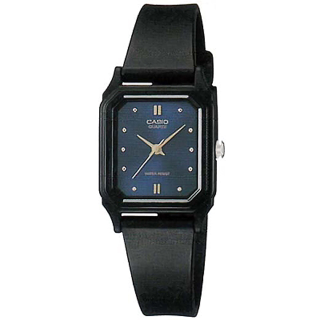 【CASIO 卡西歐】方形簡約三針橡膠腕錶/黑x藍面(LQ-142E-2ADF)