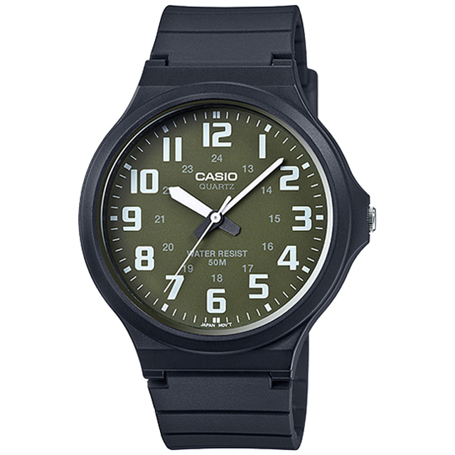 【CASIO 卡西歐】簡約指針設計時尚錶/墨綠x白數字(MW-240-3BVDF)