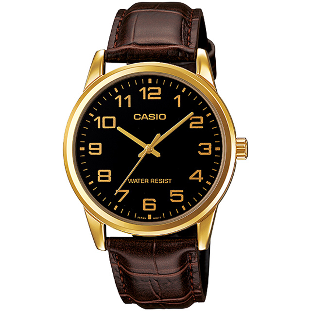 【CASIO 卡西歐】復古紳士時尚潮流指針皮革腕錶(MTP-V001GL-1BUDF)