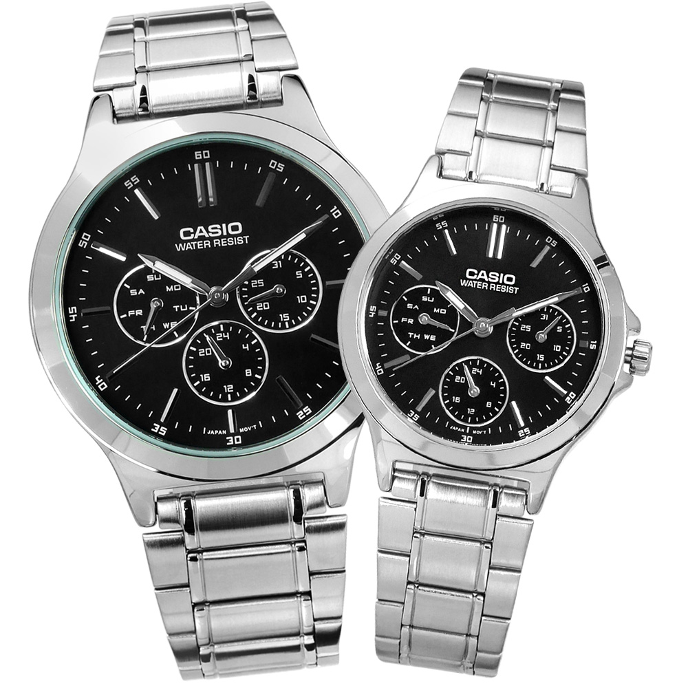 CASIO / MTP-V300D-1A.LTP-V300D-1A / 卡西歐 星期日期 不鏽鋼手錶 情侶對錶 黑色 40mm+32mm