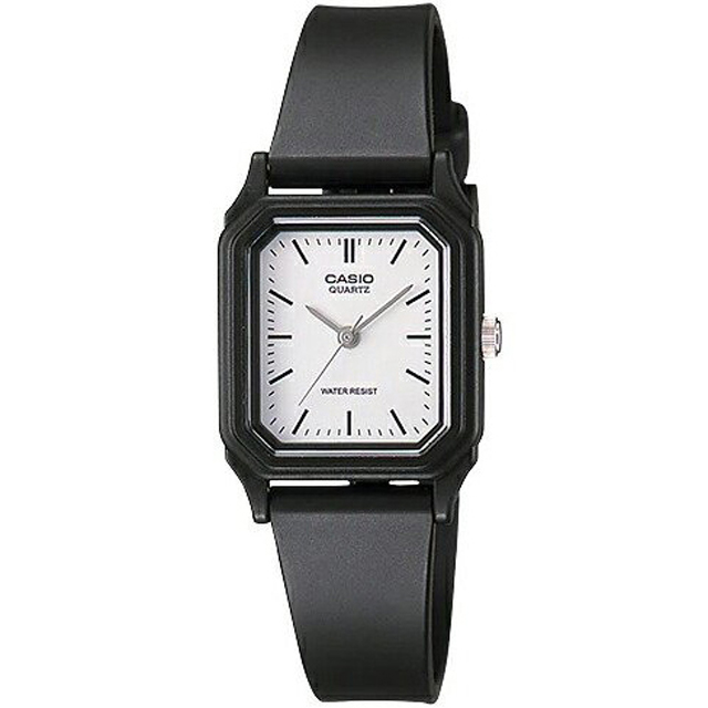 【CASIO 卡西歐】方形經典三針橡膠腕錶/黑x白面(LQ-142-7EDF)