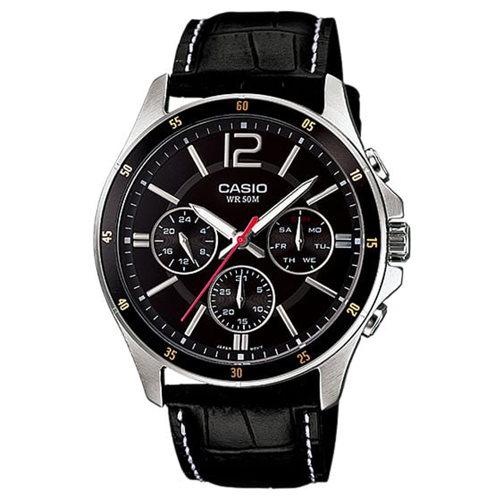 【CASIO】簡約率性三眼計時皮革腕錶/黑x銀框(MTP-1374L-1A)