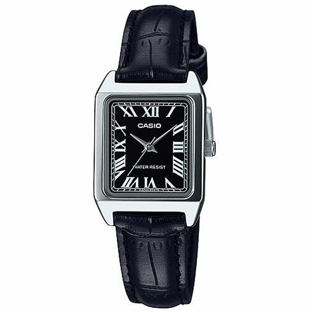 【CASIO 卡西歐】小巧氣質方形皮革腕錶/黑x銀框 羅馬數字款(LTP-V007L-1B)