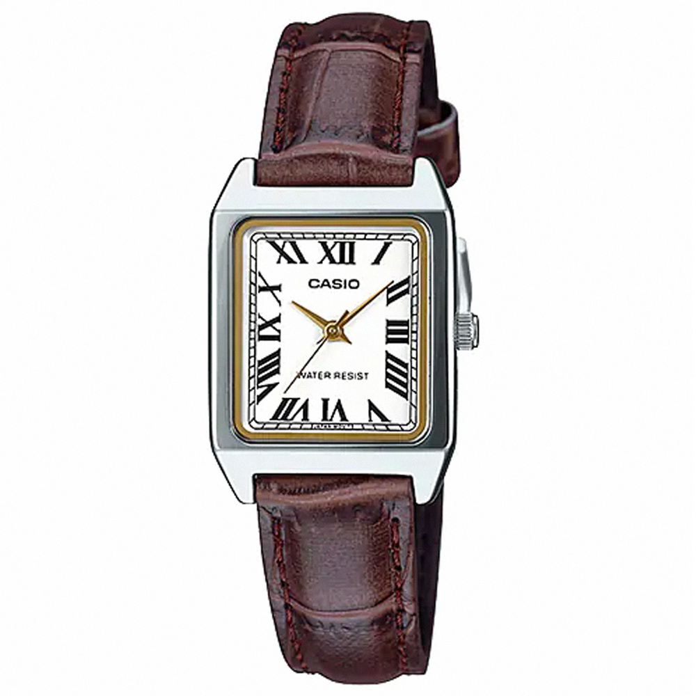 【CASIO 卡西歐】小巧氣質方形皮革腕錶/咖x白面 羅馬數字款(LTP-V007L-7B2)