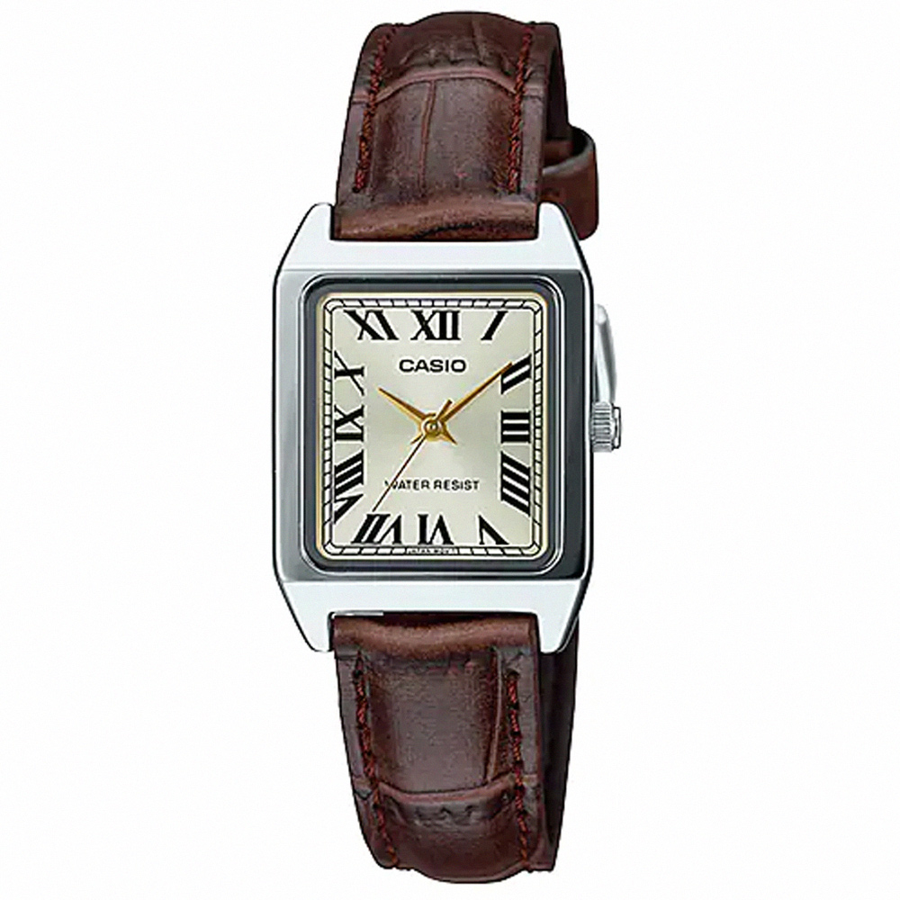 【CASIO 卡西歐】小巧氣質方形皮革腕錶/咖x銀框 羅馬數字款(LTP-V007L-9B)
