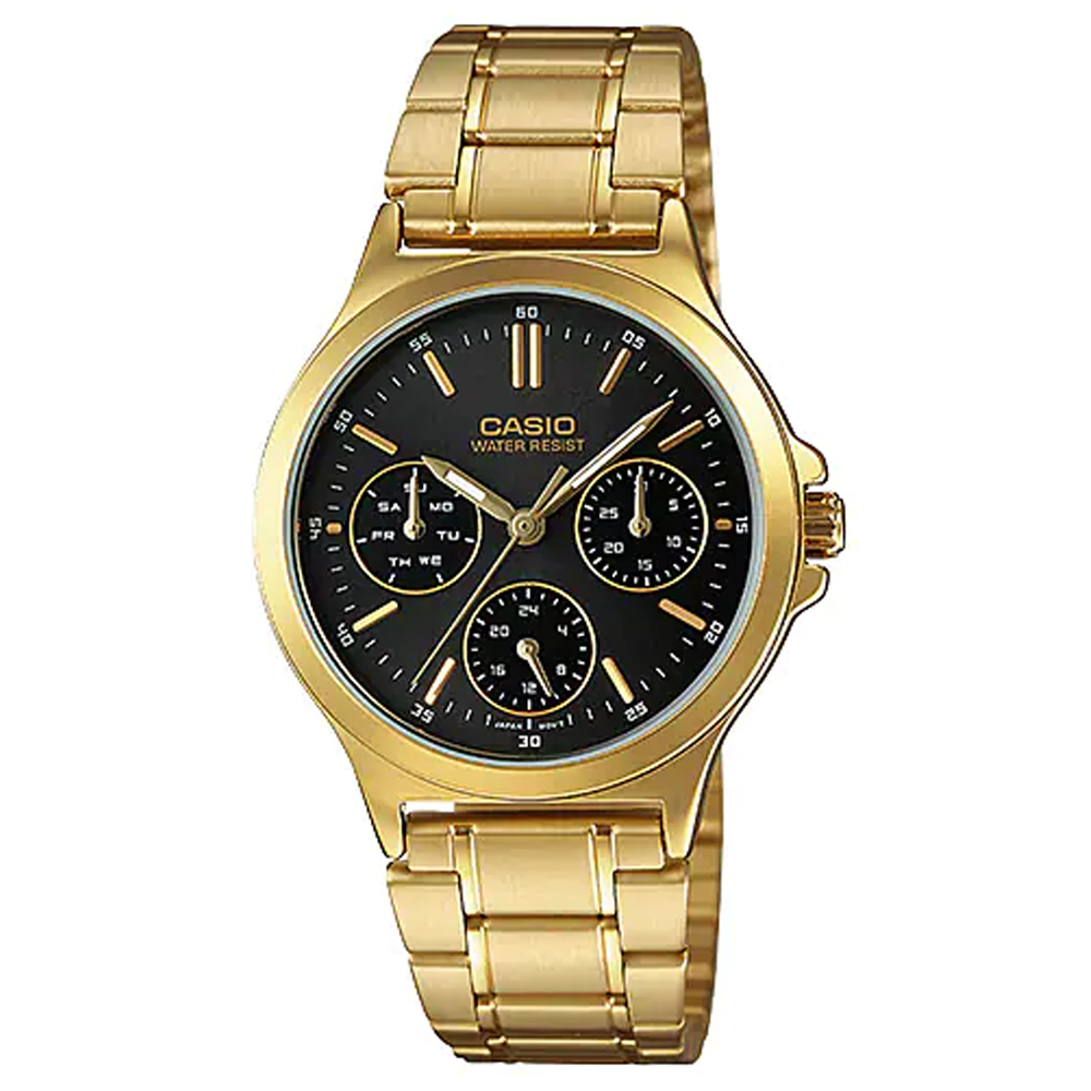 【CASIO 卡西歐】耀眼金星不鏽鋼腕錶/金x黑面 刻度款(LTP-V300G-1A)