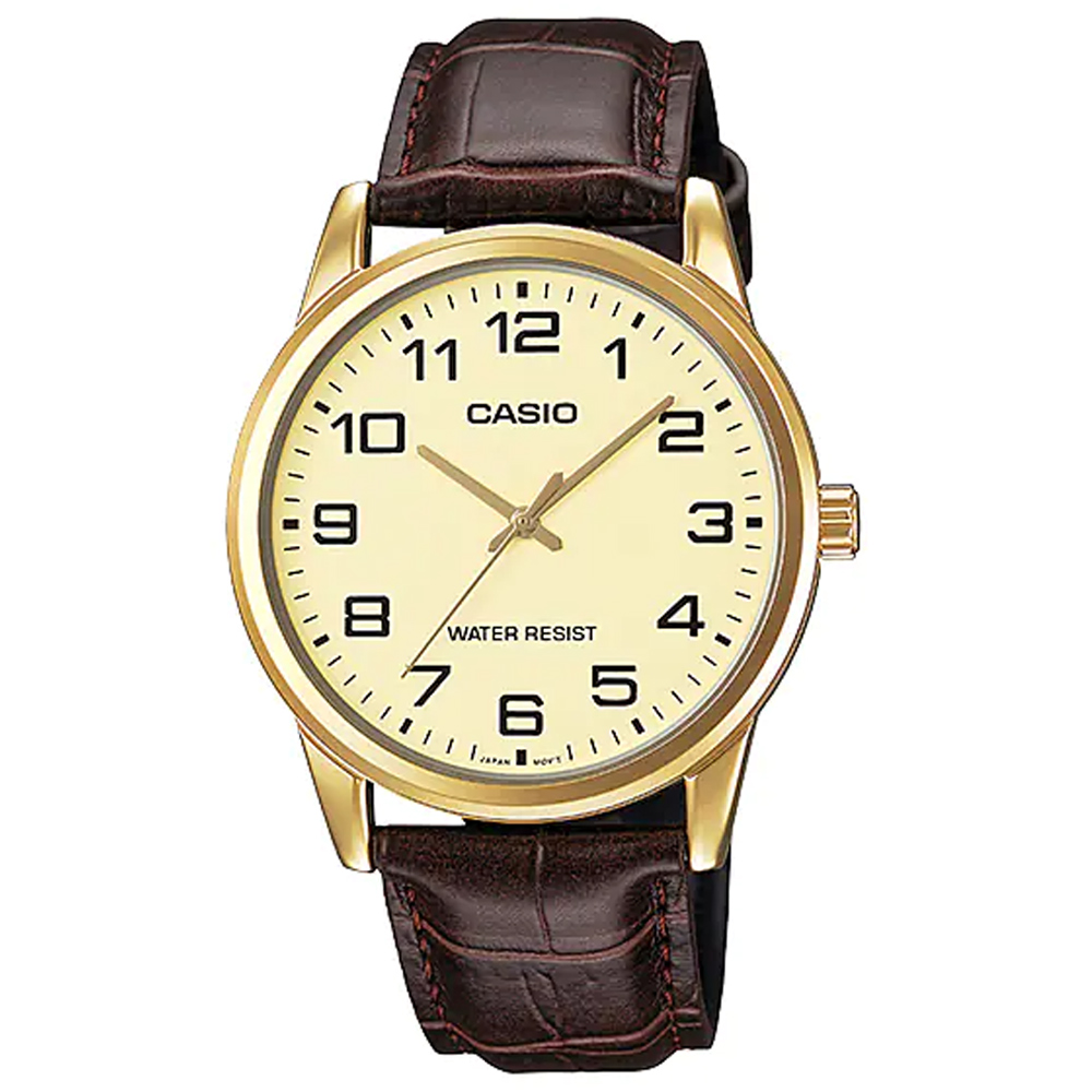 【CASIO 卡西歐】經典時尚皮革腕錶/咖x金框 數字款(MTP-V001GL-9B)