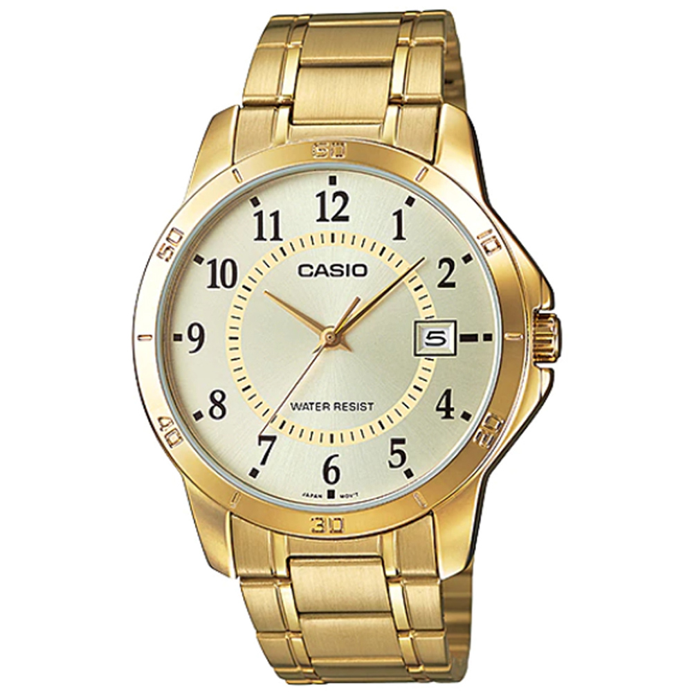 【CASIO 卡西歐】時尚沉穩不鏽鋼腕錶/金x黃面 數字款(MTP-V004G-9B)