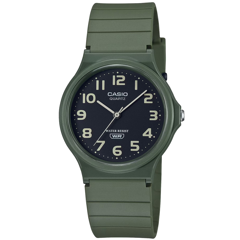 【CASIO 卡西歐】簡約輕薄雙色橡膠腕錶/綠x黑面 數字款(MQ-24UC-3B)
