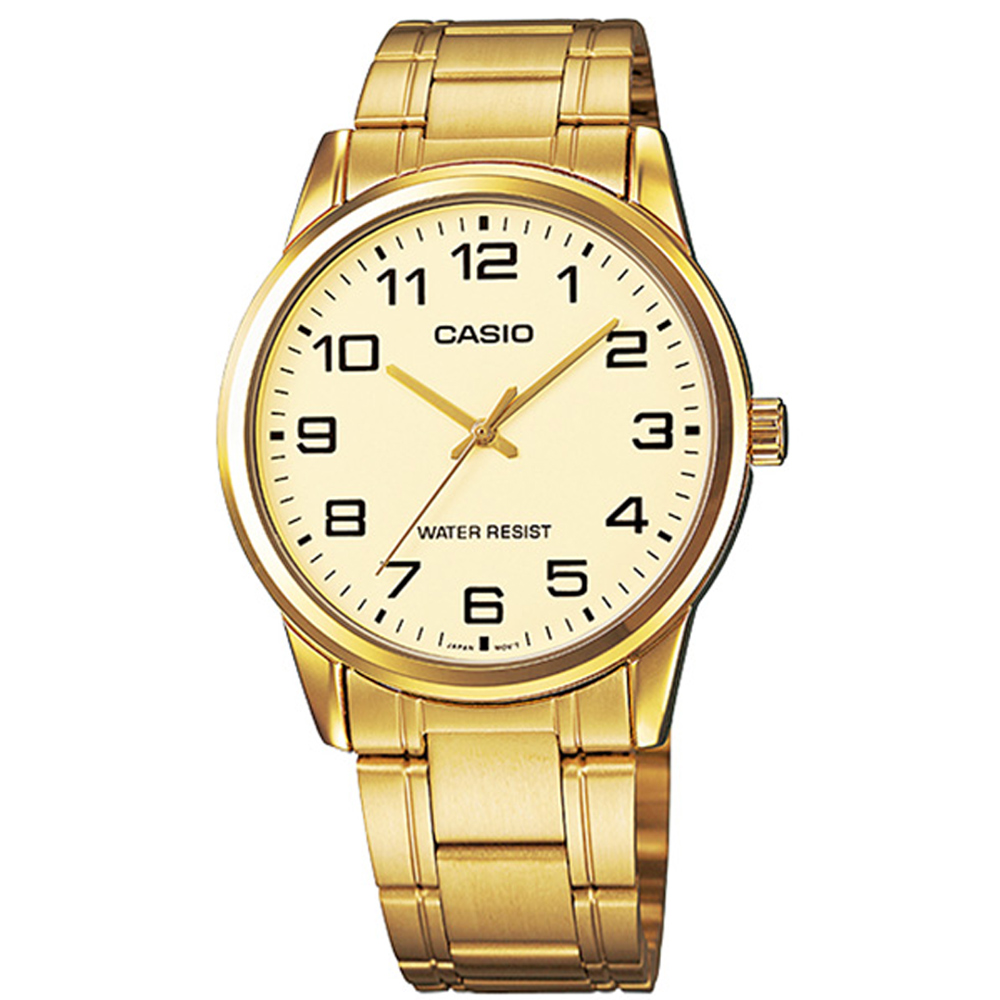 【CASIO 卡西歐】經典耀眼不鏽鋼腕錶/金x黃面 數字款(MTP-V001G-9B)