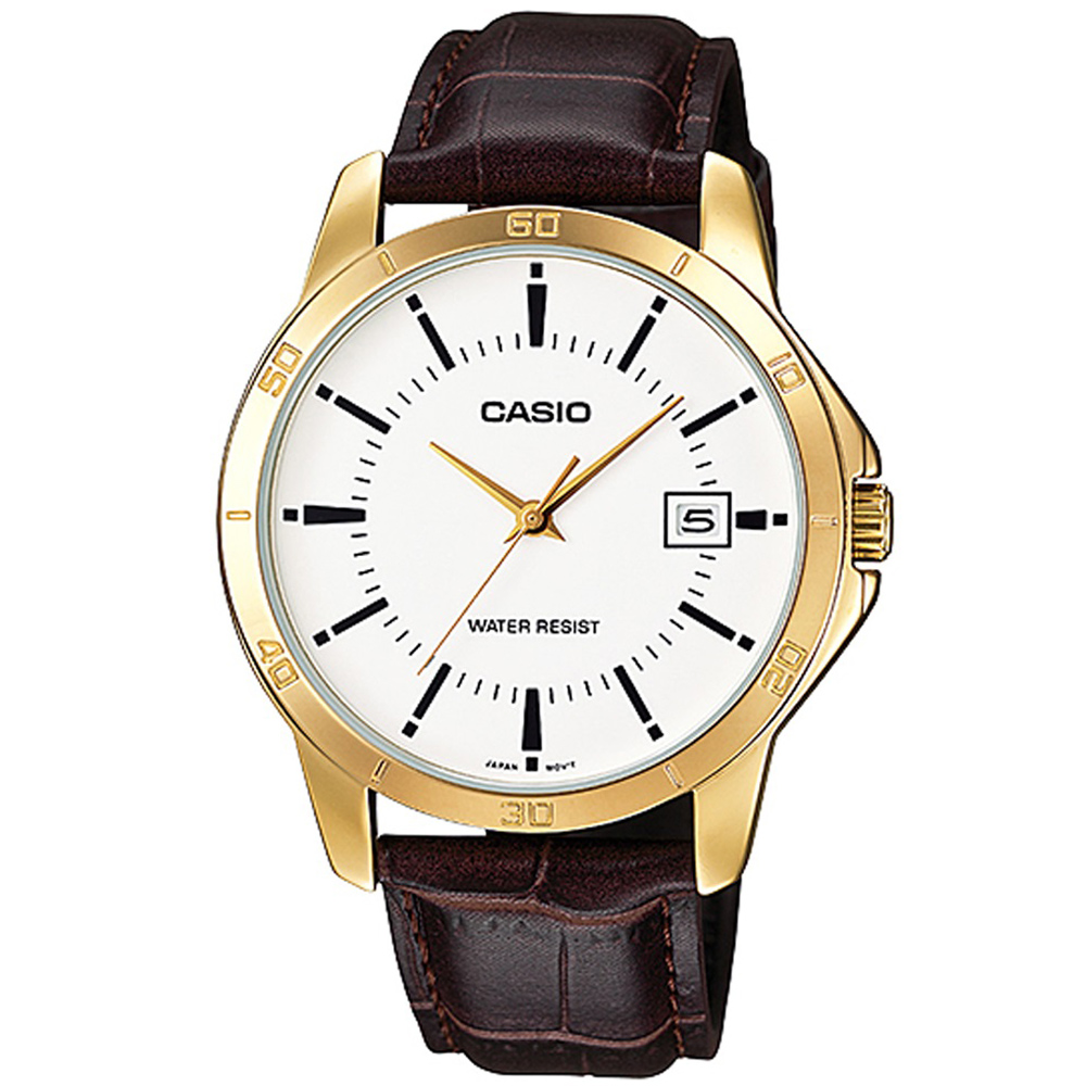 【CASIO 卡西歐】簡約率性皮革腕錶/咖x金框 刻度款(MTP-V004GL-7A)