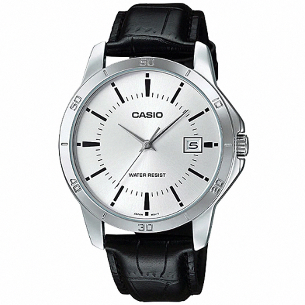【CASIO 卡西歐】獨特簡約皮革腕錶/黑x銀面 刻度款(MTP-V004L-7A)