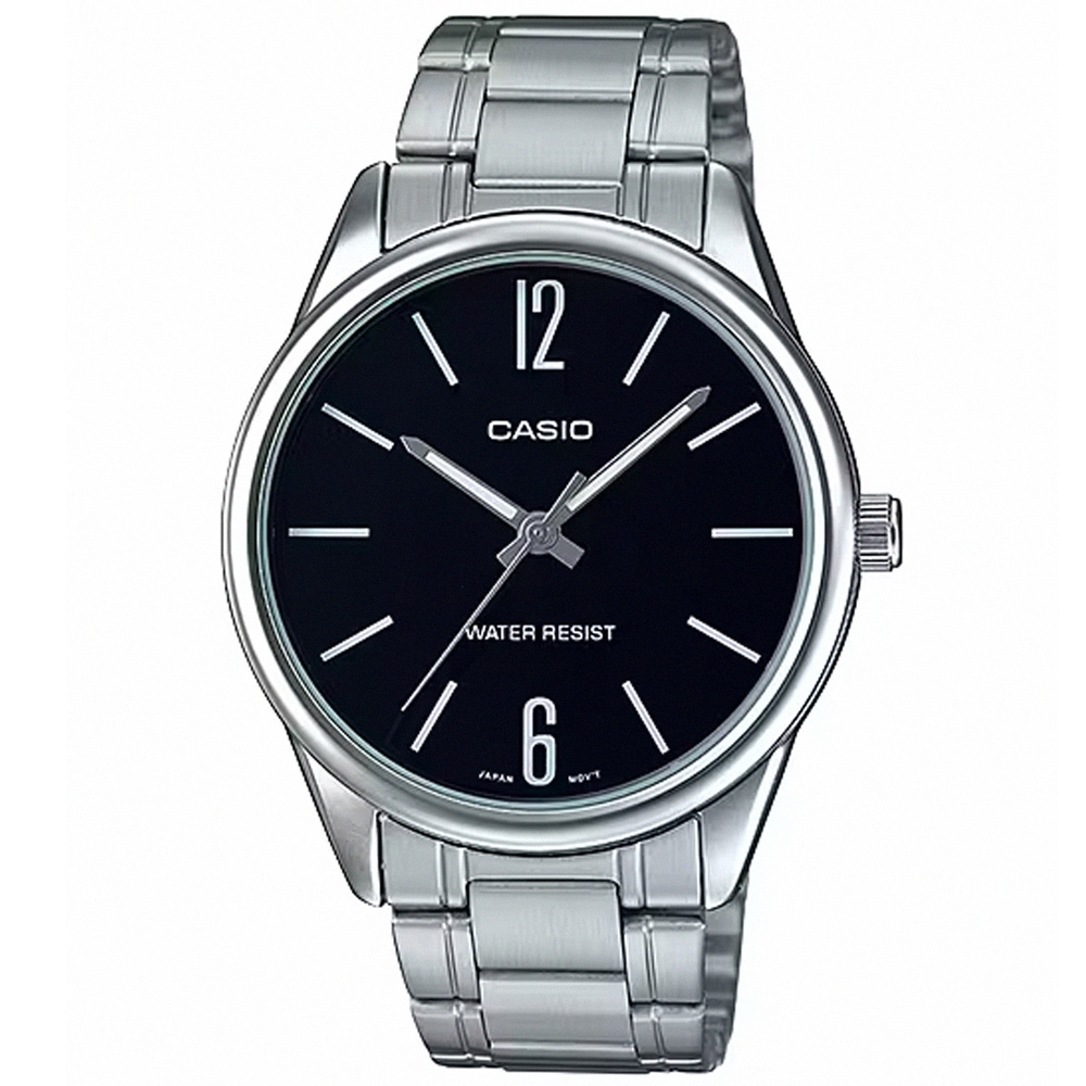 【CASIO 卡西歐】風潮簡約不鏽鋼腕錶/銀x黑面 刻度款(MTP-V005D-1B)