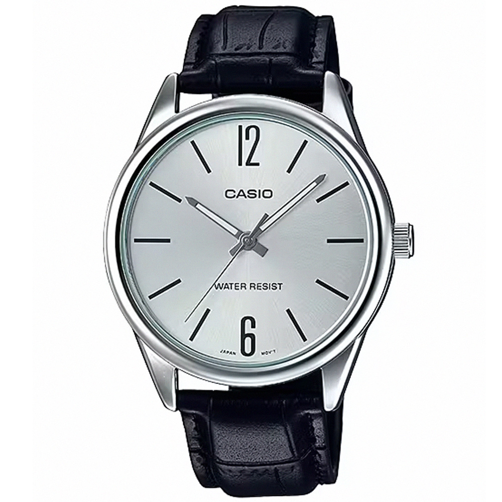 【CASIO 卡西歐】簡約風範皮革腕錶/黑x銀面 刻度款(MTP-V005L-7B)
