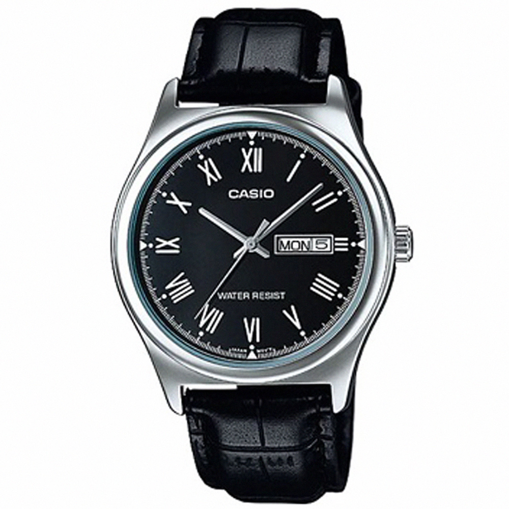 【CASIO 卡西歐】簡約時尚皮革腕錶/黑x銀框 羅馬數字款(MTP-V006L-1B)