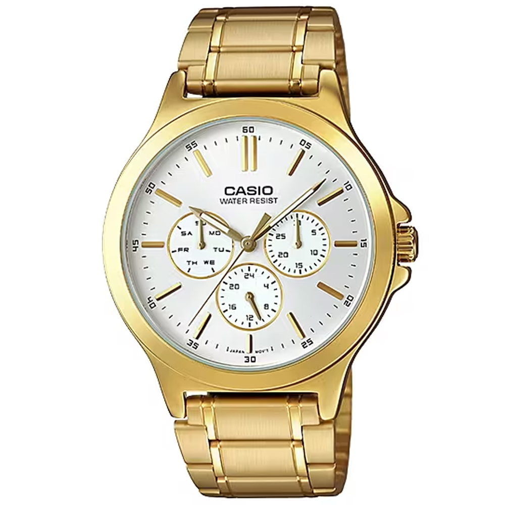 【CASIO 卡西歐】耀眼風範不鏽鋼腕錶/金x白面 刻度款(MTP-V300G-7A)