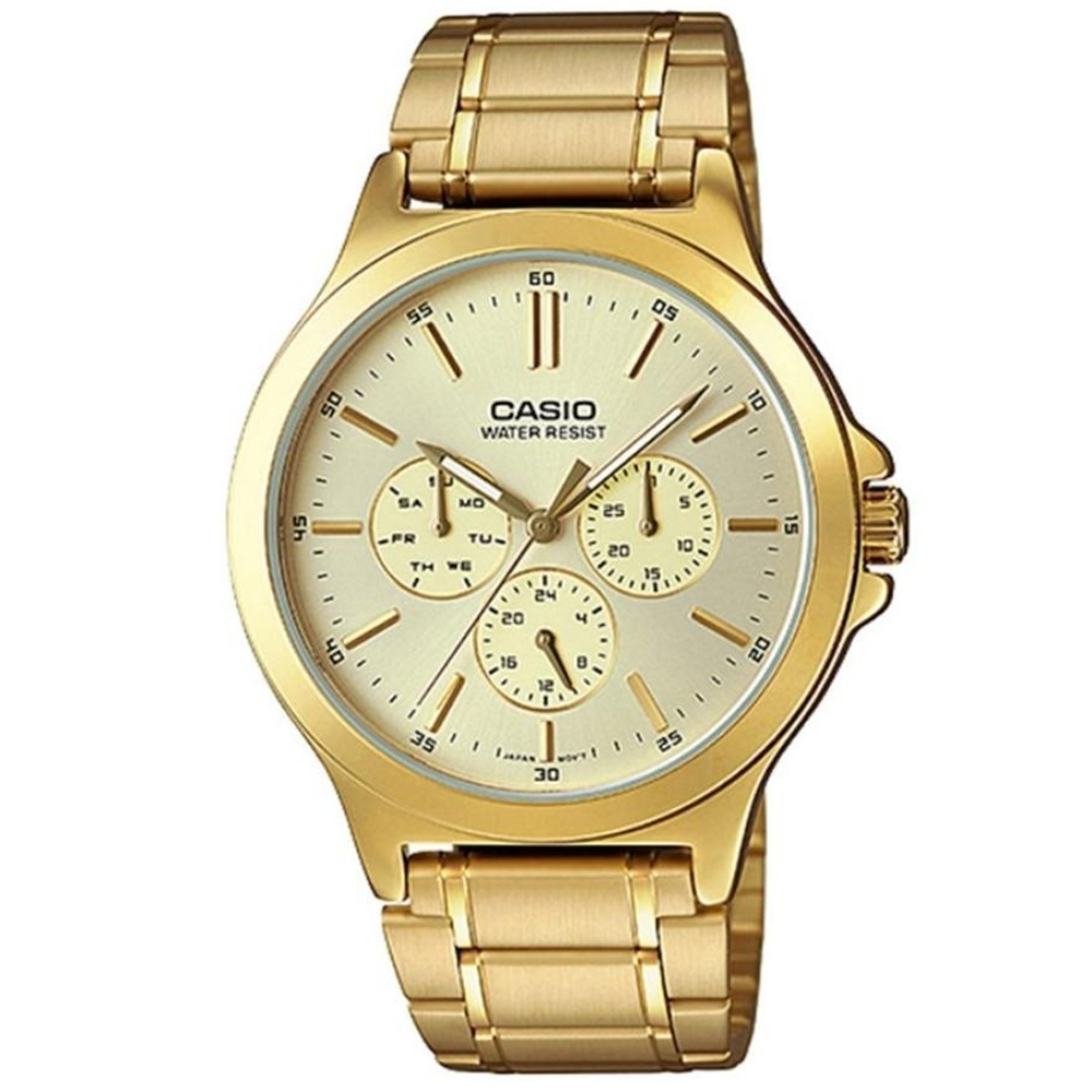 【CASIO 卡西歐】耀眼金星不鏽鋼腕錶/金x黃面 刻度款(MTP-V300G-9A)