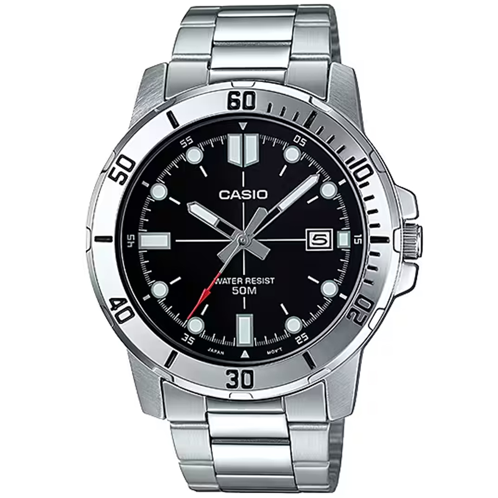 【CASIO 卡西歐】簡約率性不鏽鋼腕錶/銀x黑面 刻度款(MTP-VD01D-1E)