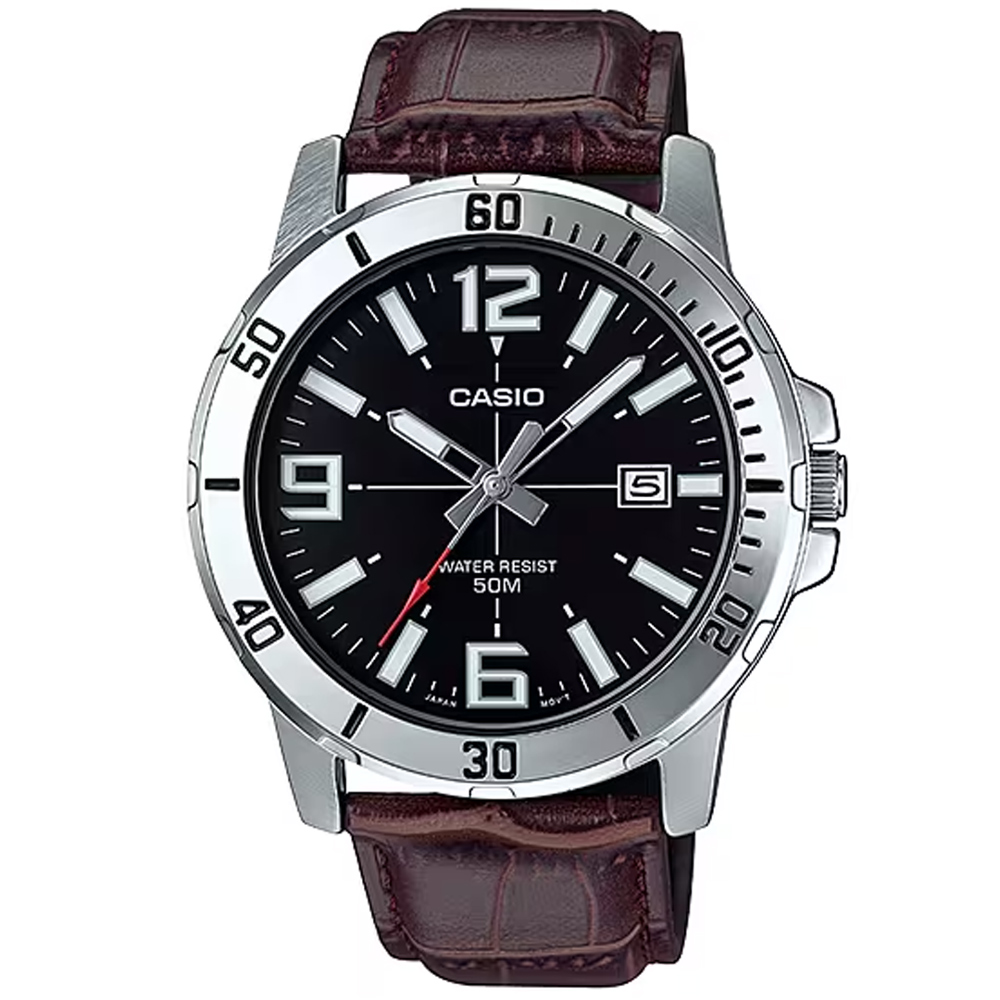 【CASIO 卡西歐】復古簡約皮革腕錶/咖x黑面 刻度款(MTP-VD01L-1B)