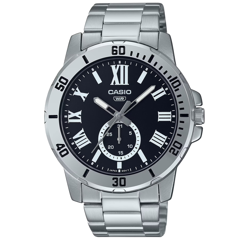【CASIO 卡西歐】潮流時尚不鏽鋼腕錶/銀x黑面 羅馬數字款(MTP-VD200D-1B)