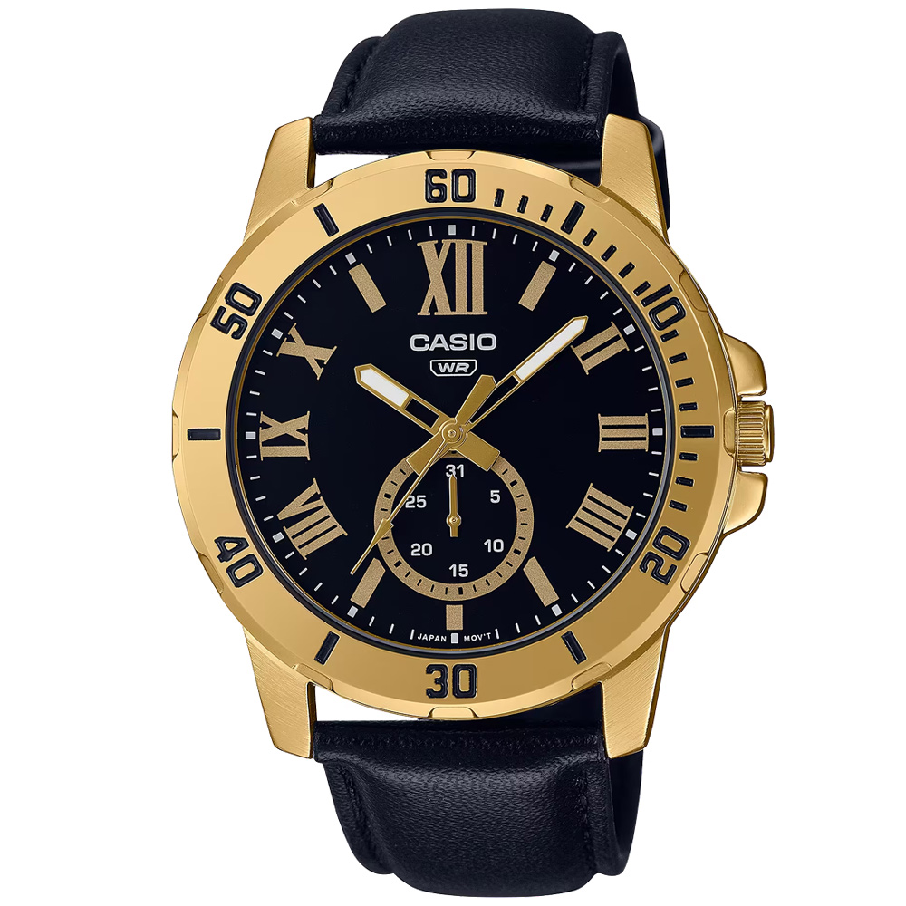 【CASIO 卡西歐】黑金潮流皮革腕錶/黑x金框 羅馬數字款(MTP-VD200GL-1B)