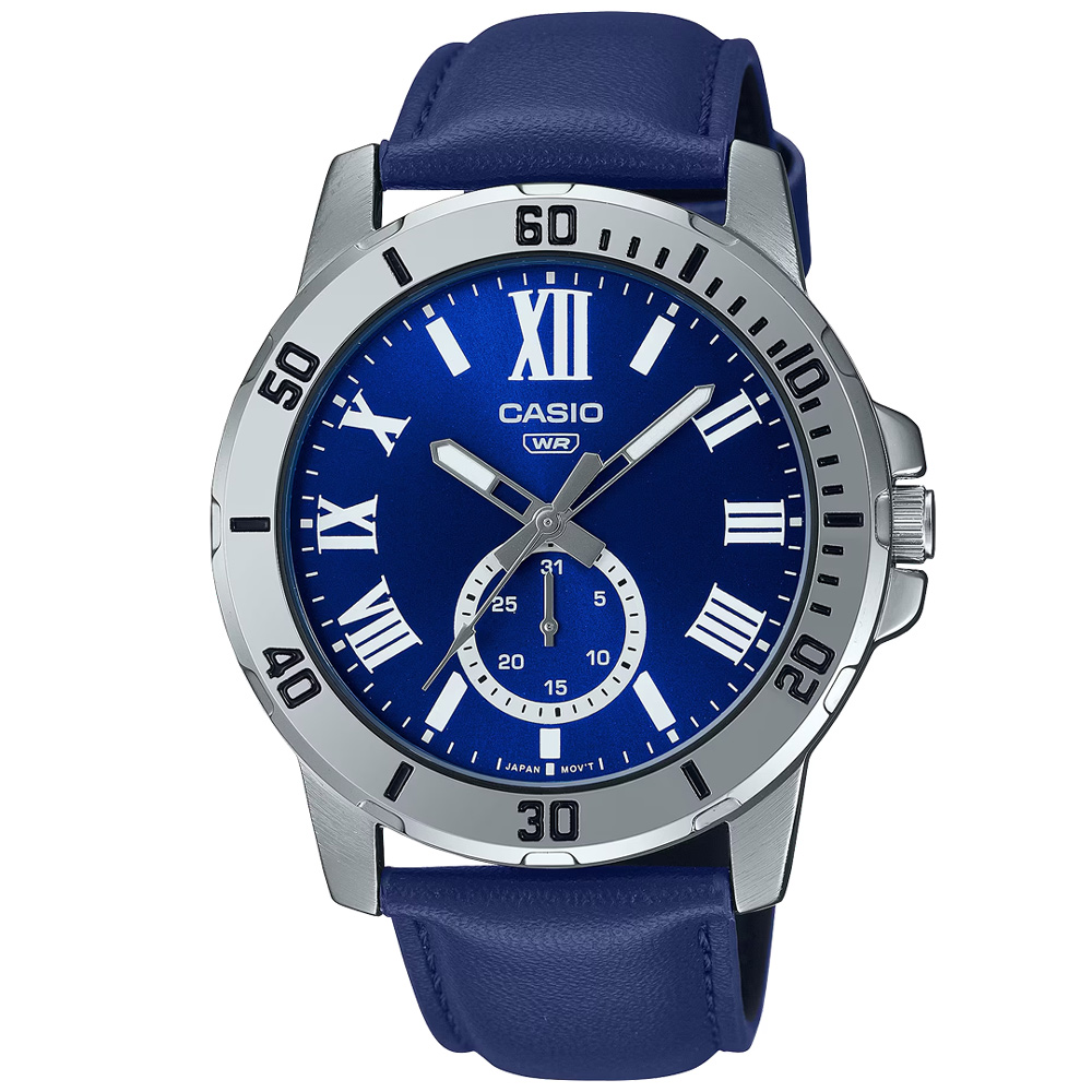 【CASIO 卡西歐】紳士風範皮革腕錶/藍x銀框 羅馬數字款(MTP-VD200L-2B)
