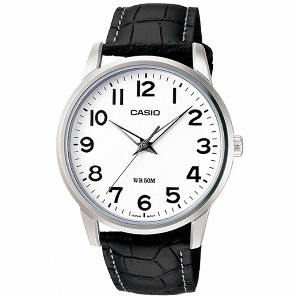 【CASIO 卡西歐】簡約時尚皮革腕錶/黑x白面 數字款(MTP-1303L-7B)