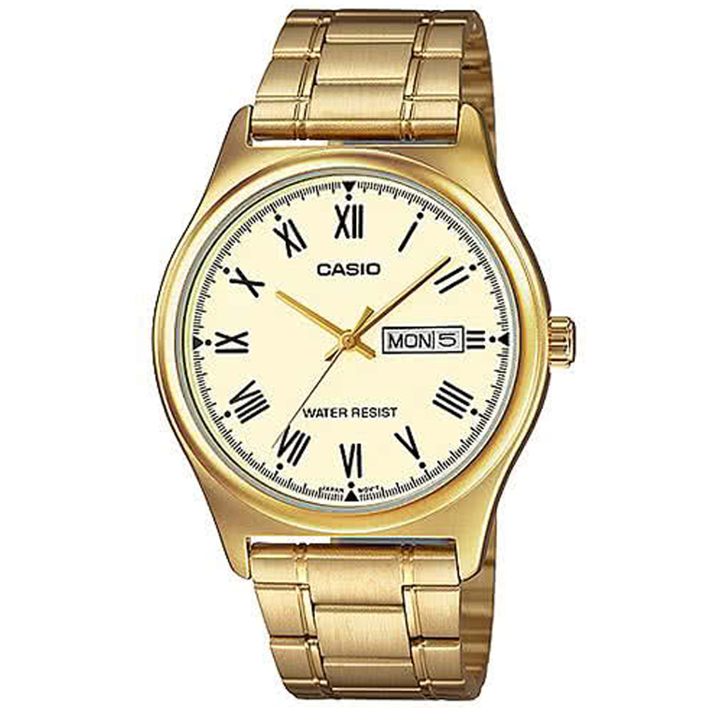 【CASIO 卡西歐】紳士耀眼不鏽鋼腕錶/金x黃面 羅馬數字款(MTP-V006G-9B)