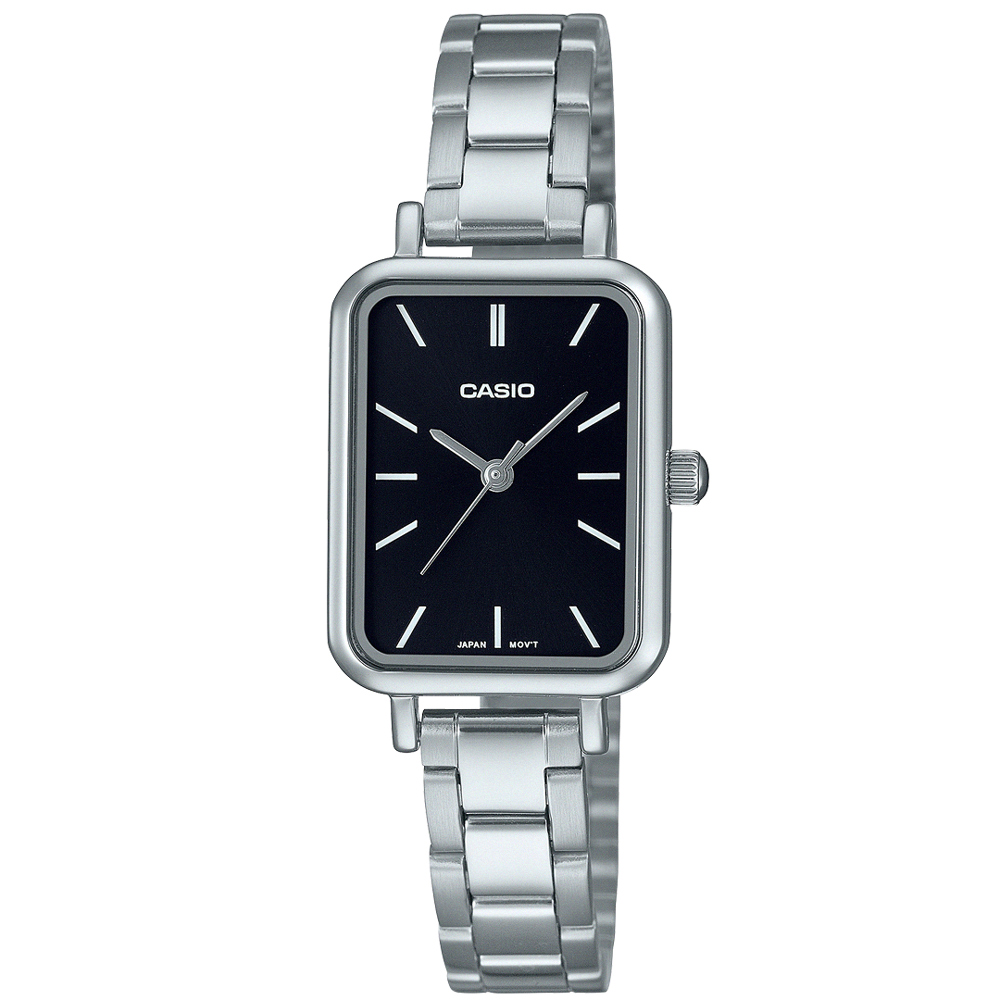 【CASIO 卡西歐】方形簡約不鏽鋼腕錶/銀x黑面(LTP-V009D-1E)