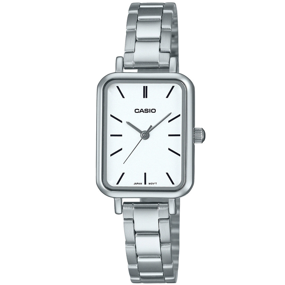 【CASIO 卡西歐】方形簡約不鏽鋼腕錶/銀x白面(LTP-V009D-7E)