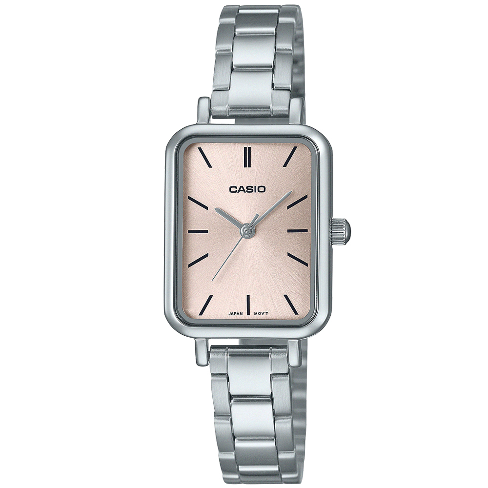 【CASIO 卡西歐】方形簡約不鏽鋼腕錶/銀x裸粉面(LTP-V009D-4E)