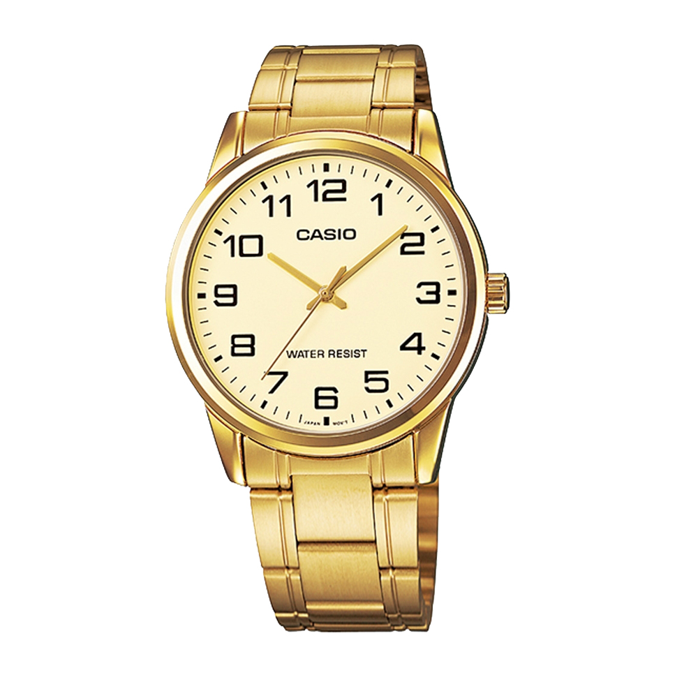 【CASIO 卡西歐】紳士經典復古時尚數字刻度 不鏽鋼手錶 金色 MTP-V001G-9B