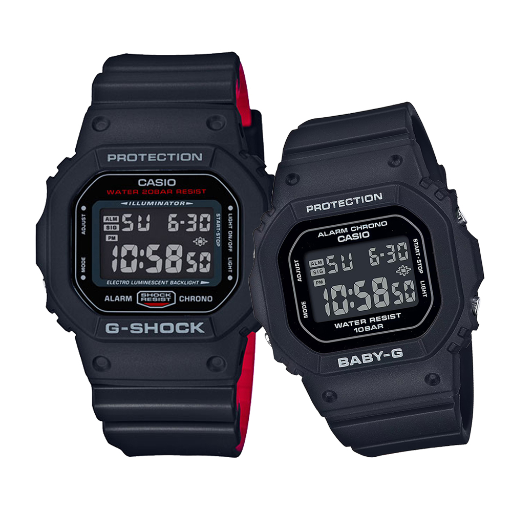 CASIO G-SHOCK&BABY-G 霧黑時尚經典方形對錶/DW-5600HR-1+BGD-565U-1
