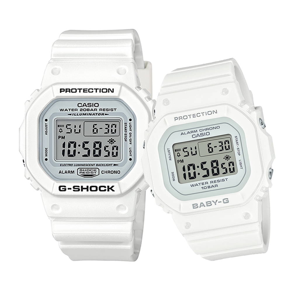 CASIO G-SHOCK&BABY-G 純白時尚經典方形對錶/DW-5600MW-7+BGD-565-7