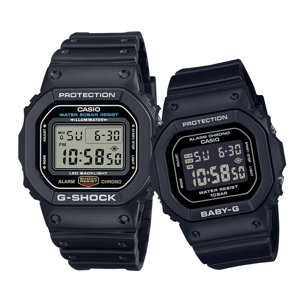 CASIO G-SHOCK&BABY-G 霧黑時尚經典方形對錶/DW-5600UE-1+BGD-565U-1