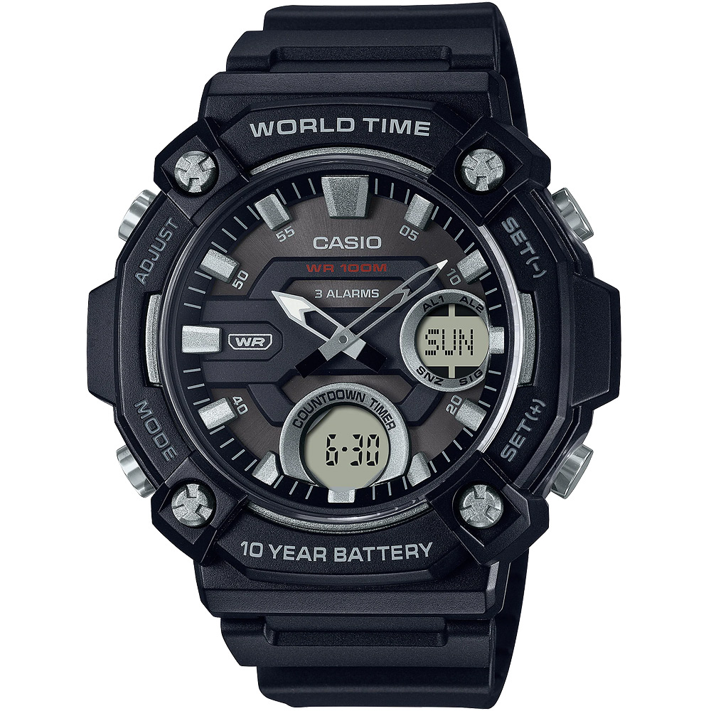 CASIO 卡西歐 10年電力 冒險精神 計時雙顯錶-黑 AEQ-120W-1AV