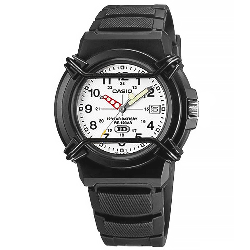 CASIO / HDA-600B-7B / 卡西歐 十年電力 軍旅指針錶 日期 防水 橡膠手錶 白x黑 40mm