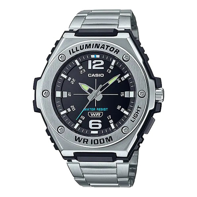 【CASIO】卡西歐 鋼錶帶 100米防水電子錶 指針運動錶 MWA-100HD-1AV 黑/銀