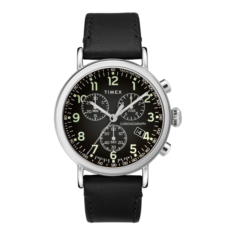 TIMEX 紳士復刻計時皮帶腕錶-銀X黑