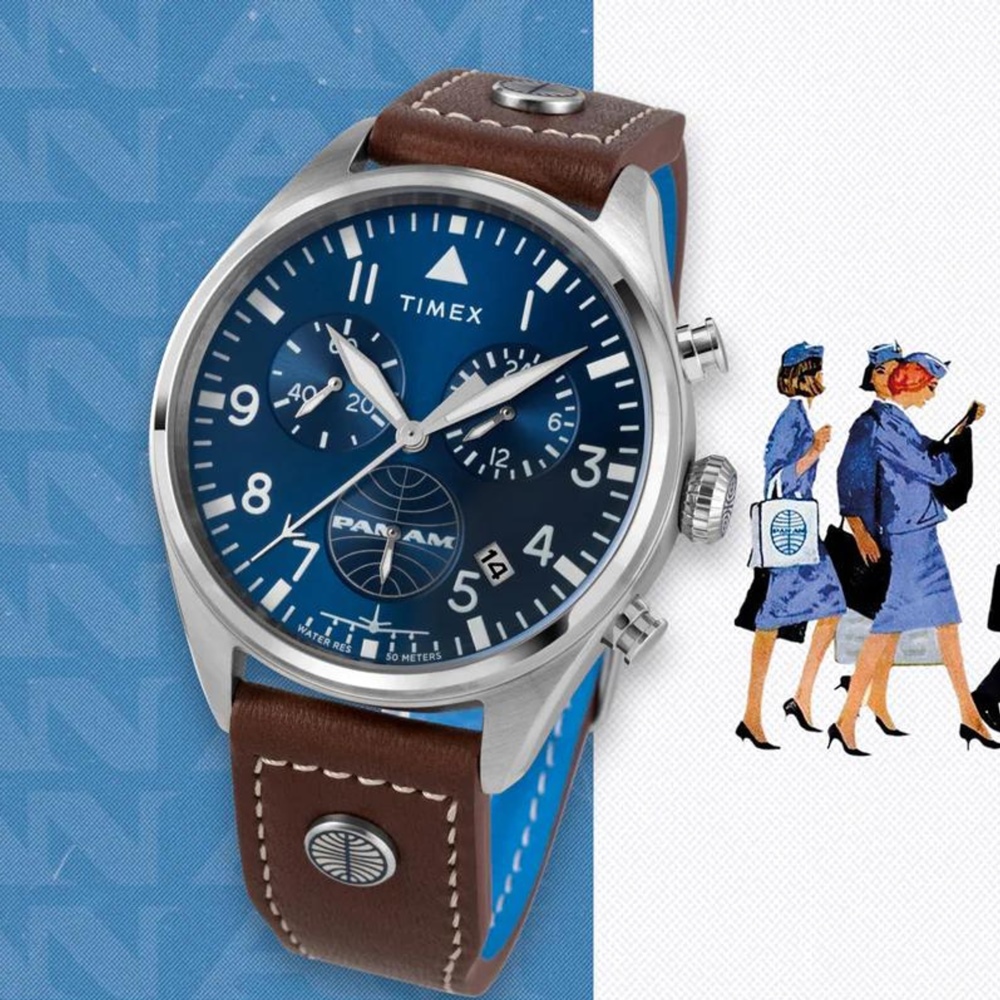 【TIMEX】天美時 x Pan Am Day-Date 42毫米三眼計時手錶 (藍x棕 TXTWG030000)