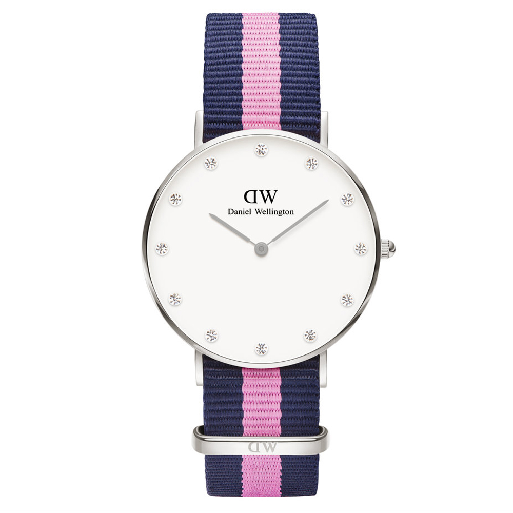 【Daniel Wellington】施華洛世奇水晶藍粉紅帆布腕錶-銀框/34mm(0962DW)