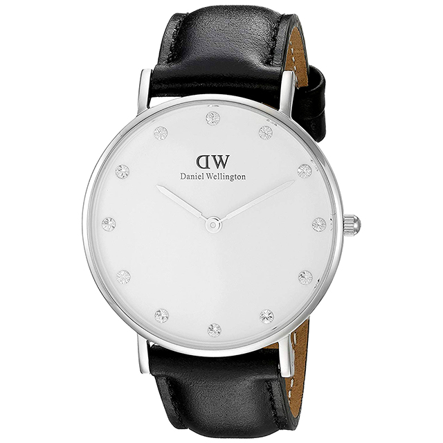 【Daniel Wellington】施華洛世奇水晶黑色皮革腕錶-銀框/34mm(0961DW)