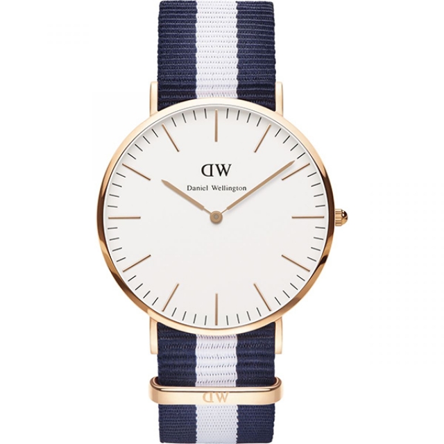 【Daniel Wellington】CLASSIC瑞典時尚品牌經典簡約尼龍腕錶-藍白x金-40mm/DW00100004