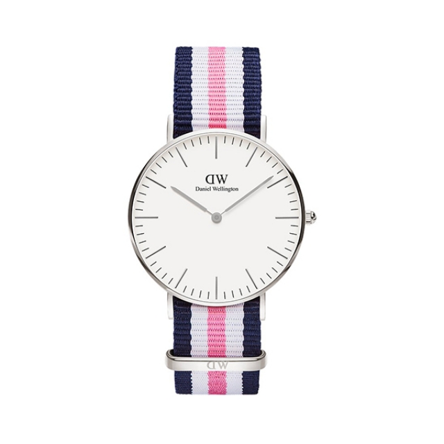 【Daniel Wellington】CLASSIC瑞典時尚品牌經典簡約尼龍腕錶-白粉藍x銀-36mm/DW00100050
