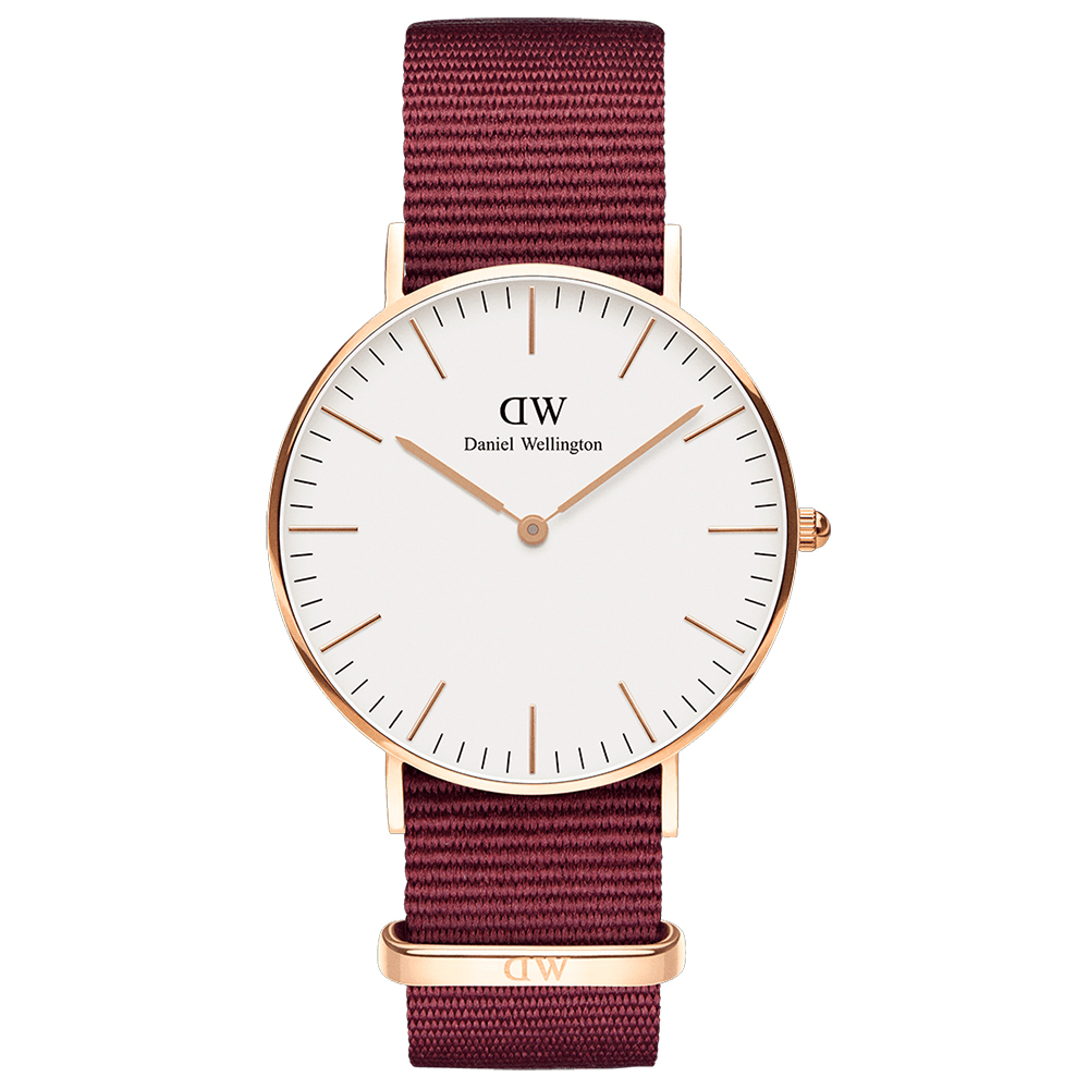 【Daniel Wellington】時尚蘿絲琳寶石紅NATO錶帶石英腕錶-金框/36mm(DW00100271)