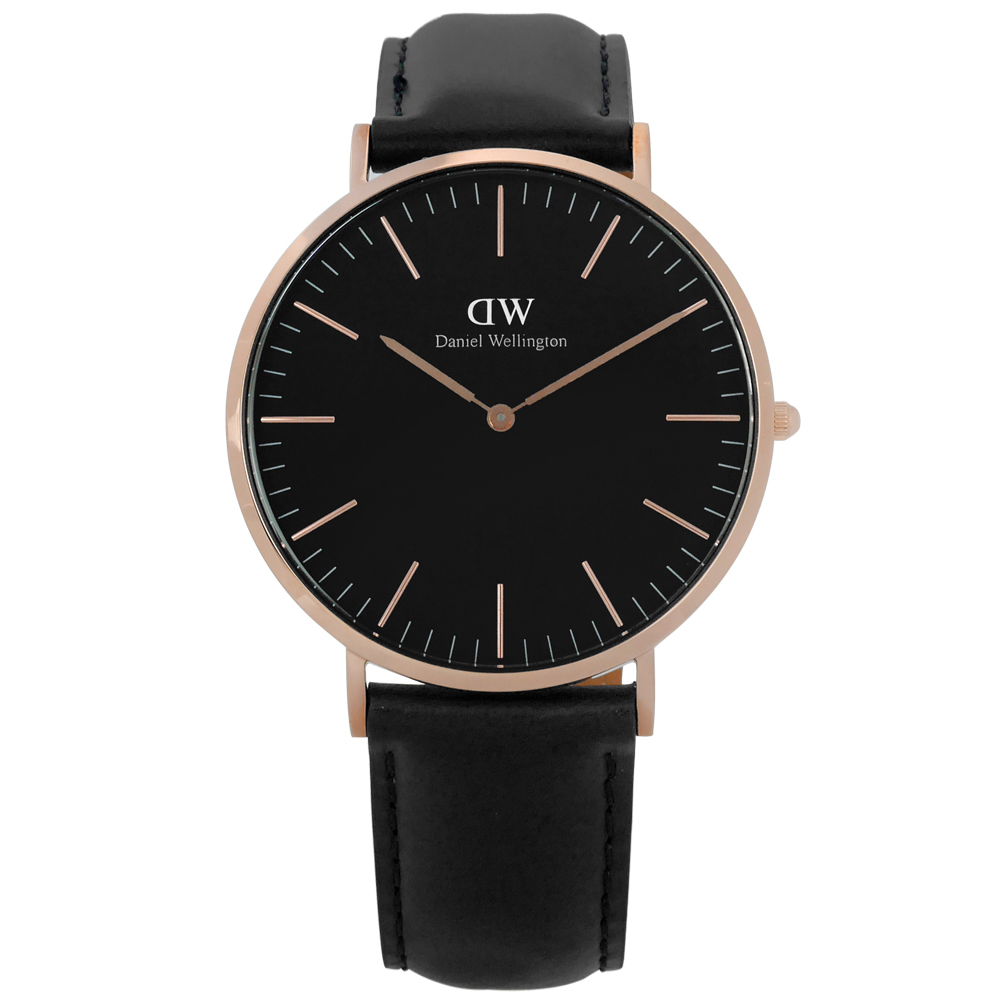 DW Daniel Wellington / DW00100127 / Classic Black Sheffield 真皮手錶 黑x玫瑰金框 40mm