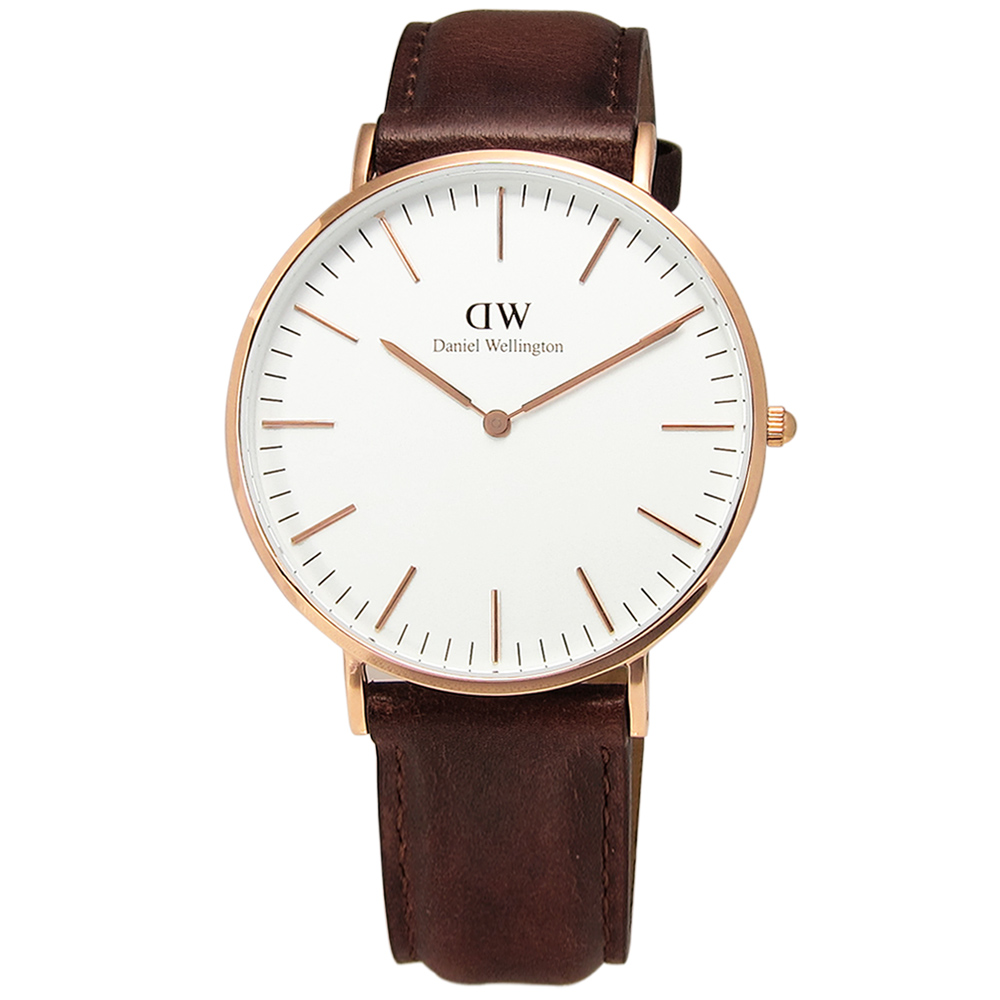 DW Daniel Wellington / DW00100006 / 現代簡約真皮手錶 白x玫瑰金框x咖啡 40mm