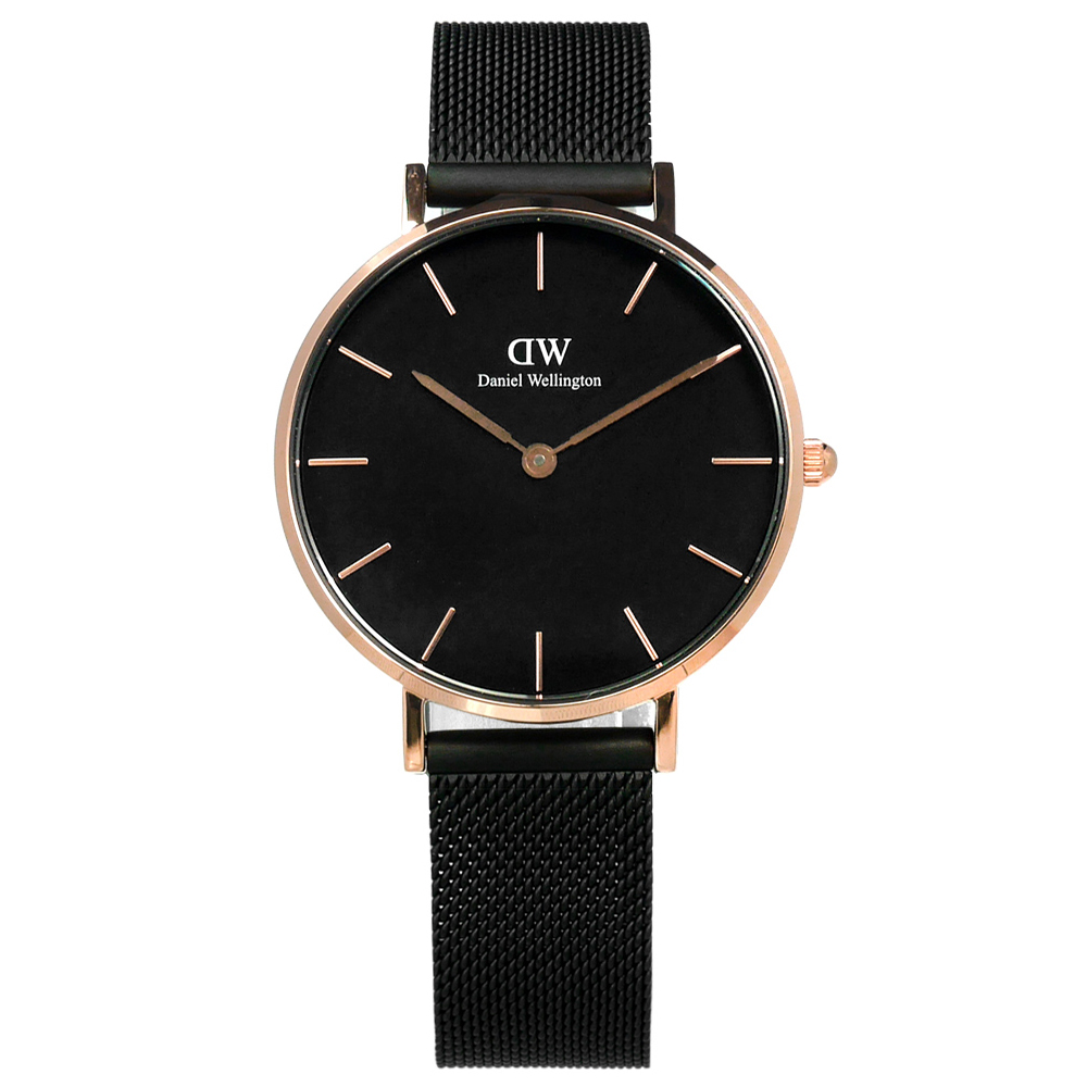DW Daniel Wellington / DW00100201 / Classic Petite 米蘭編織不鏽鋼手錶 玫瑰金x鍍黑 32mm