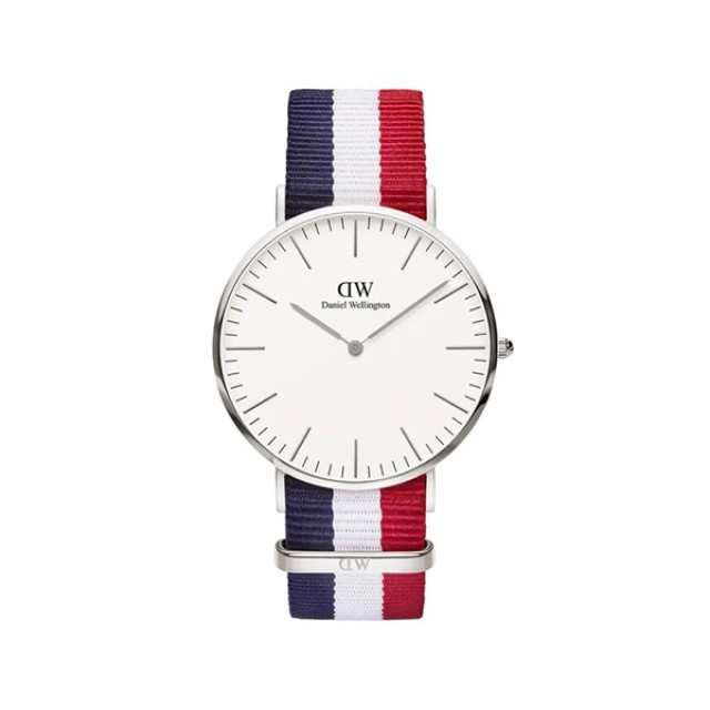 【Daniel Wellington】CLASSIC瑞典時尚品牌經典簡約尼龍腕錶-藍白紅x銀-40mm/DW00100017