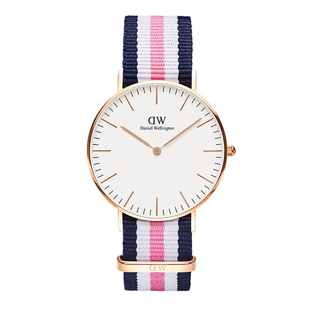 【Daniel Wellington】瑞典時尚品牌經典簡約尼龍腕錶-藍白粉x玫金-36mm(DW00100034)
